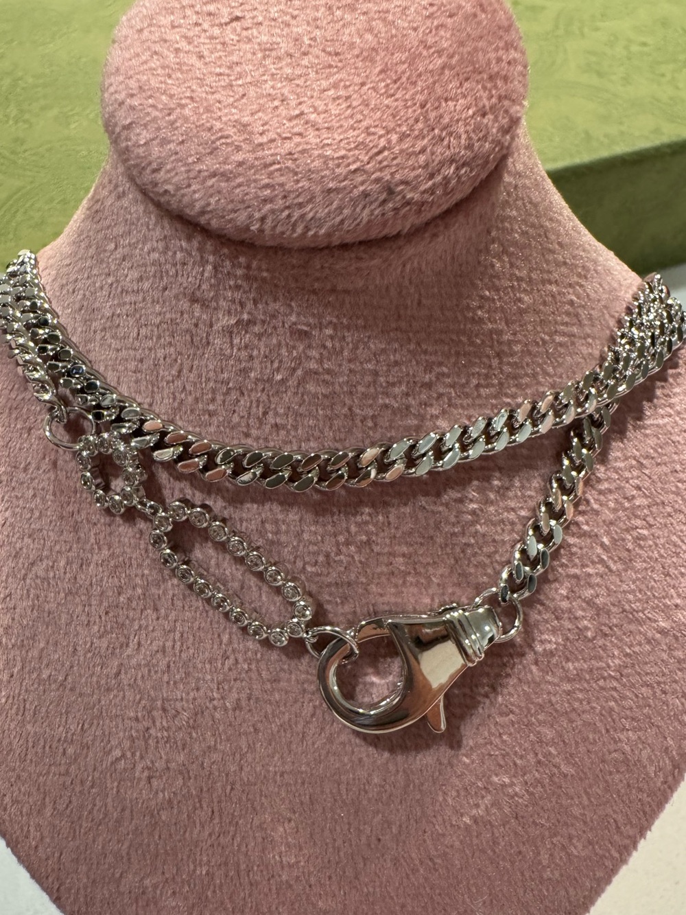 White Rhodium Plated Curb Chain + White CZ Stones Necklace 22”